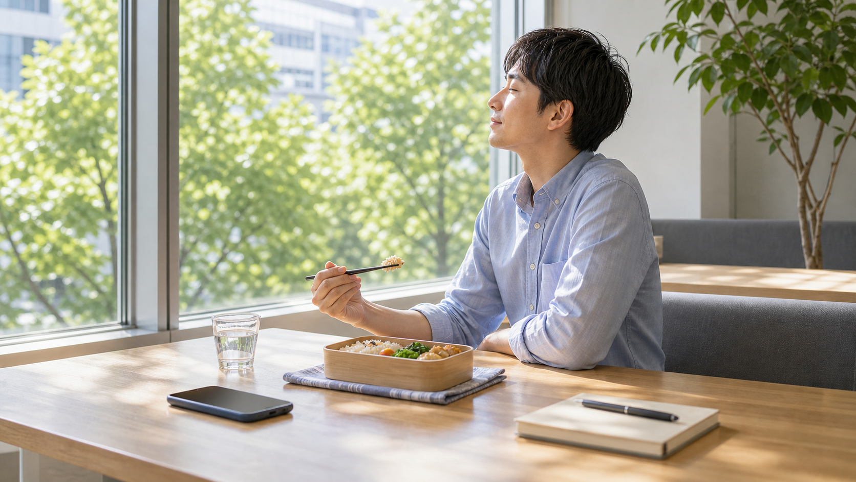 スマホを伏せて短い休憩を取る机