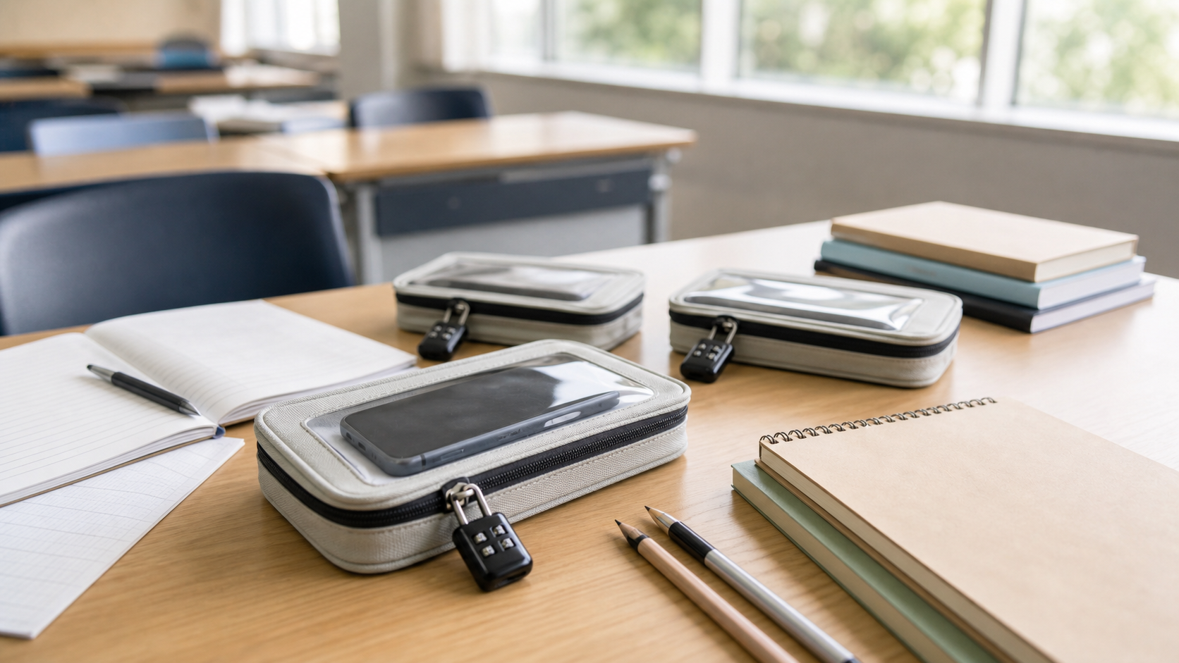 学校のスマホ禁止（ロックポーチ）研究をイメージした落ち着いたアイキャッチ