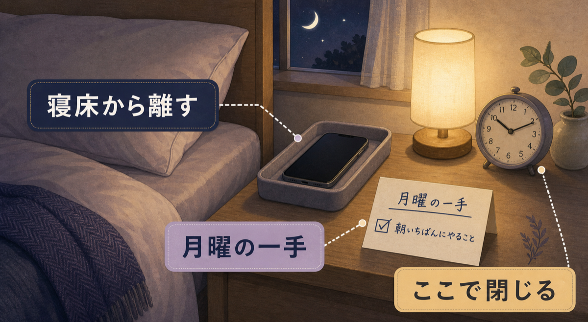 日曜夜にスマホを寝床から離し、月曜の一手を書いて閉じる図解