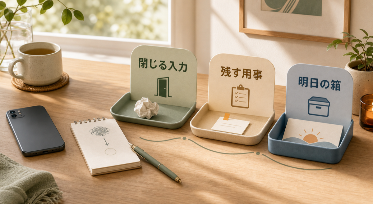 週末にスマホで増えた情報を閉じる入力、残す用事、明日の箱に分ける図解