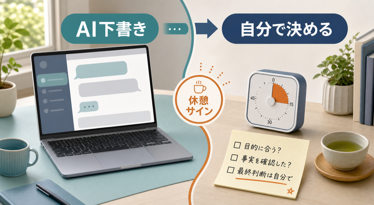 AI下書き、自分で決める時間、休憩サインを分ける仕事机の図解